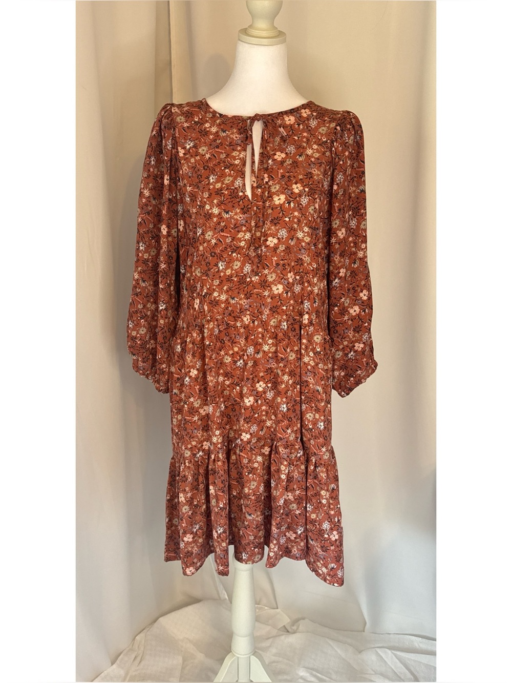 Bobeau Floral Tiered Long Sleeve Dress Rust Boho Size Large